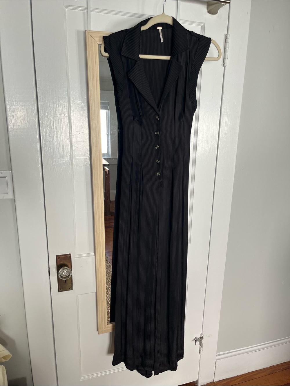 Free People XS Sleeveless V-neck Black Pinstripe Button-Front Jumpsuit Open Back